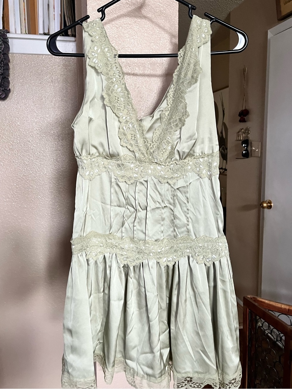 Satin Lace Trim V-Neck Mini Slip Dress in Pale Sage